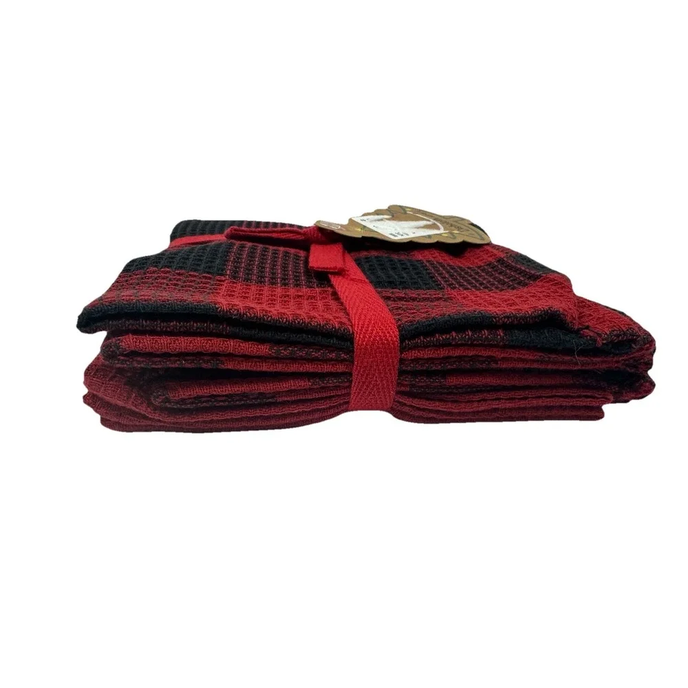 HOMEWEAR Red Black Check Buffalo Plaid Dishcloths Cotton Cabin/Lodge Set of 4
